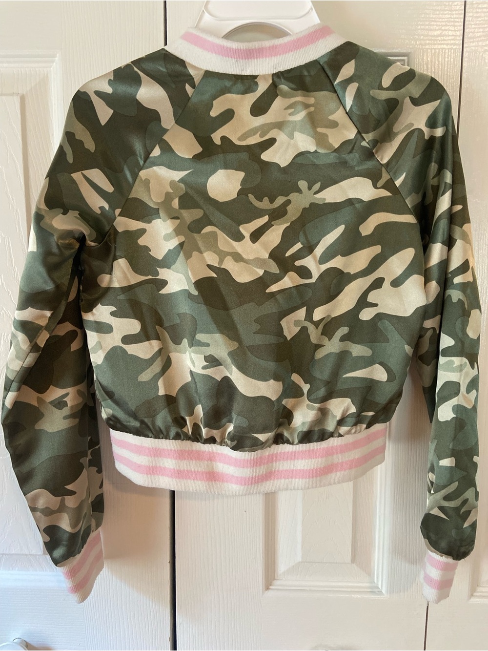 love, Fire Girls Green Camo Bomber Jacket with Pink Trim